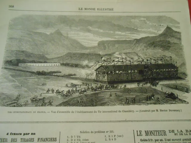 Gravure 1870 - Tir Internationaux Vue de l'établissement de Tir de Chambéry