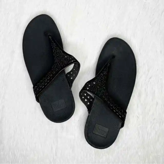 Fitflop size 9 black carmel toe embellished thong flip flop sandals women’s