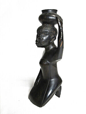 Carved Ebony Black Hardwood Kneeling Woman African Tribal Art Statue Sculpture
