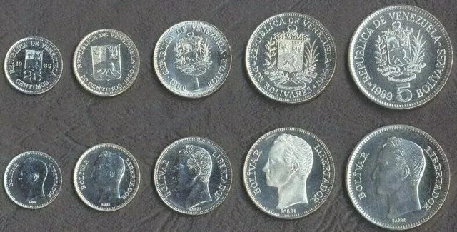 Venezuela 5 Pcs Coin Set 25 50 Centimos 1 2 5 Bolivar 1989 1990, UNC