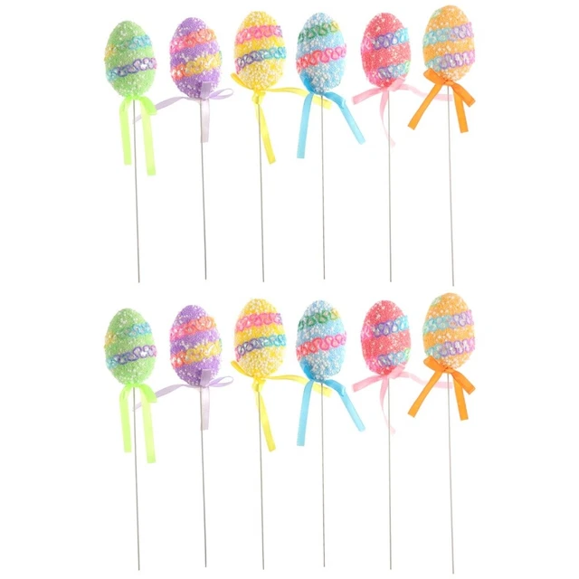 12 piezas Huevos de Pascua de colores plectros en palos para casa de vacaciones fiesta decoración