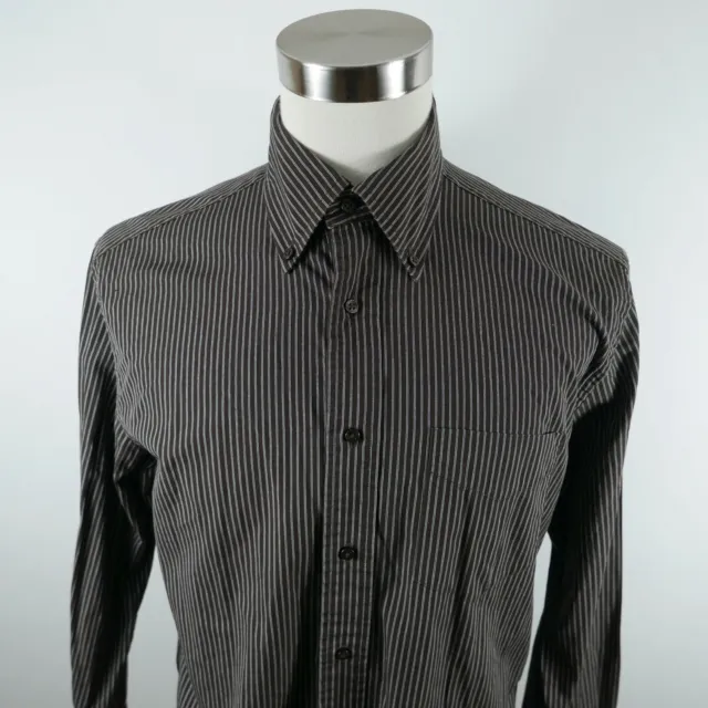 Tommy Hilfiger Mens Cotton LS Button Down Brown Striped Dress Shirt Medium