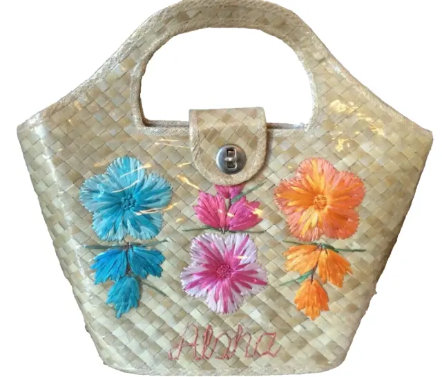 Vintage Hawaiian Straw Purse Handbag Floral Woven Philippines Tourist Aloha New