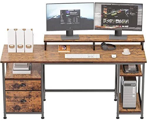 Computer Desk with Shelves and Drawer, 61" Long Desk with Fabric File Drawer,