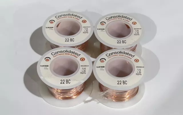 Lot of 4 Spools 1/4 LB 22 BC Bare Copper Consolidated Wire - 22 AWG Solid 4OZ