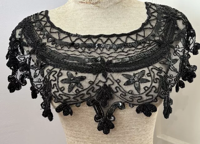 Vintage Black Beaded Sequined Lace Collar Wrap Shawl