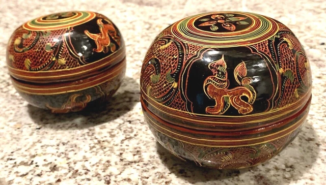 2 Vintage Antique Burmese Burma Lacquerware Nesting Boxes