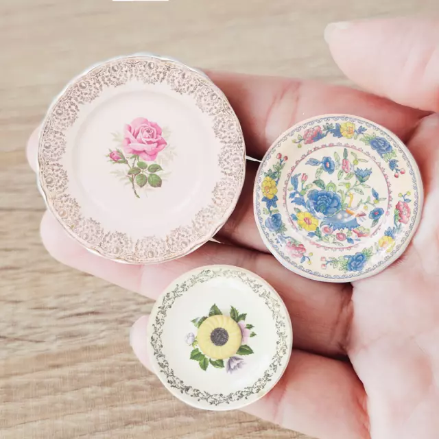 Dollhouse Miniatures Ceramic Plates Vintage Floral Kitchen Home Wall Decor Set 3