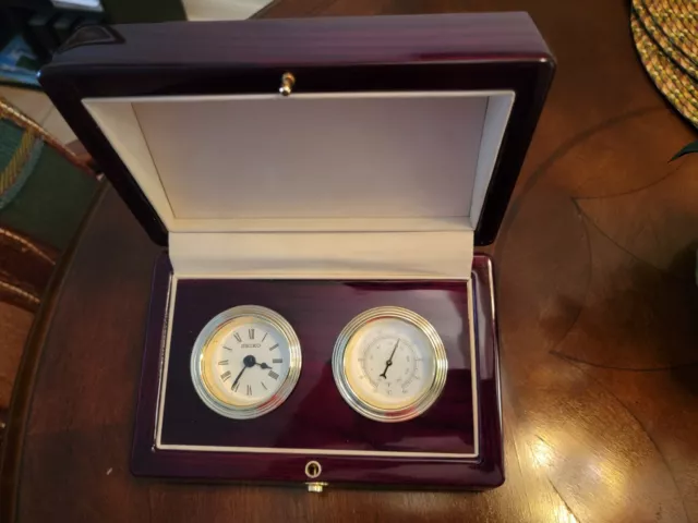 Vintage Seiko Clock & Thermometer Set In Beautiful High Gloss Wood Display Box