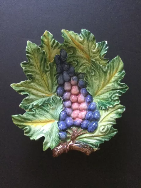 Vtg majolica pottery Bassano decorative bowl Ceramic leaves with 3D grapes Italy