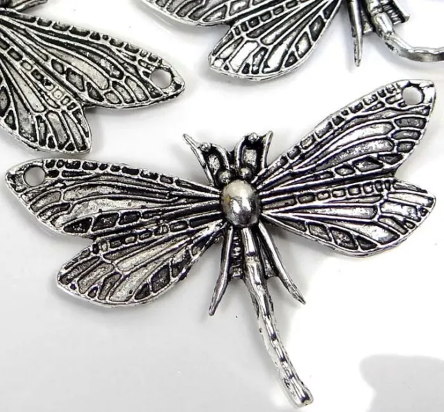 4 Antiqe Silver Pewter Dragonfly Focal Link Pendant Charms 30x49mm