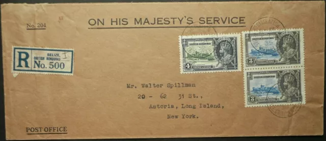 British Honduras 4 Oct 1935 Official Registered Cover From Belize To New York