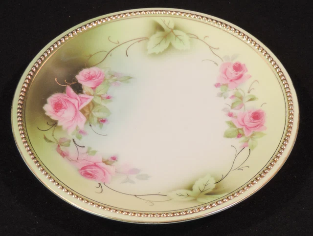 P.K. Selesia 7in plate pink flowers pale green leaves braided gold trim Germany