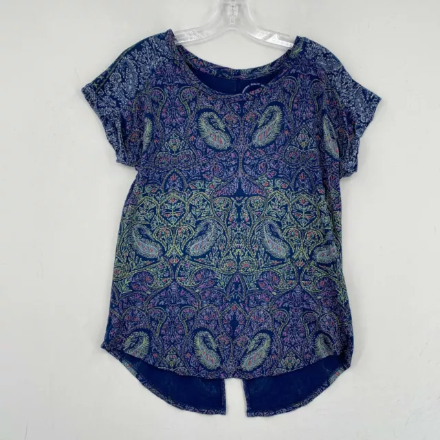 Lucky Brand Split Hem Tunic Top Womens Small Blue Multicolor Floral Peacock Boho