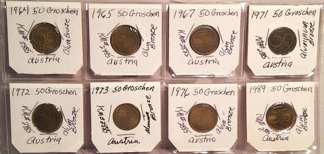 Lot of 8 Austria Coins, 50 Groschen, 1964 to 1989. KM#-2885. 14-16