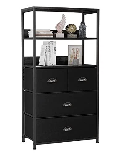 Vertical 4 Drawer Dresser Organizer with 3-Tiers Wood Shelf,Tall Fabric