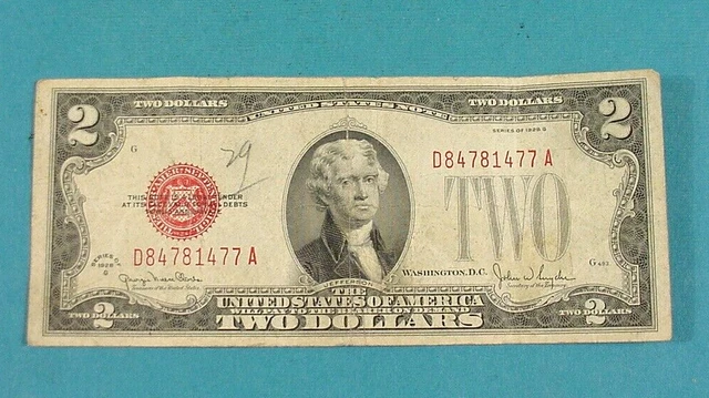 1928 Series G Two Dollar $2 RED Seal United States Note Old US Bill No Holes