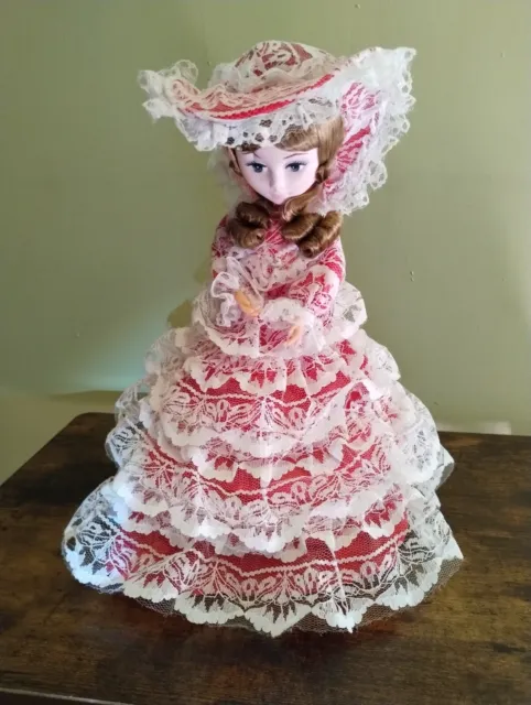Vintage Bradley Dolls - Red Dress White Lace - Original Stand - 12 in.