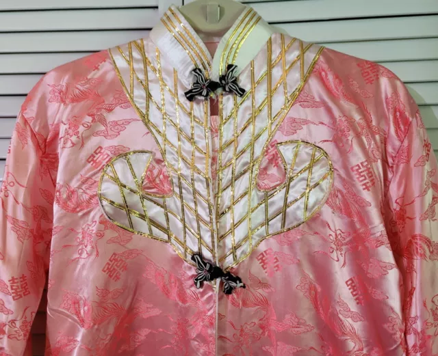 Vtg Pink Silk Kimono Robe Dressing Gown Peacock Print Lined Asian Sz: S/M~READ