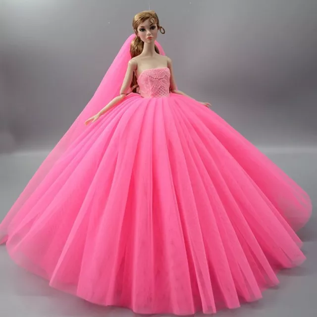 Pink Doll Dress For Barbie Doll Clothes Outfit Evening Party Gown Wedding Dress 2