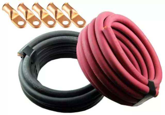 Car Battery/Welding Cable, 8 Gauge, 5 Feet Red/5 Feet Black and 5 Copper Lugs