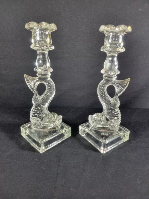 Pair GHC Clear Glass Dolphin Koi Candlesticks Candleholders