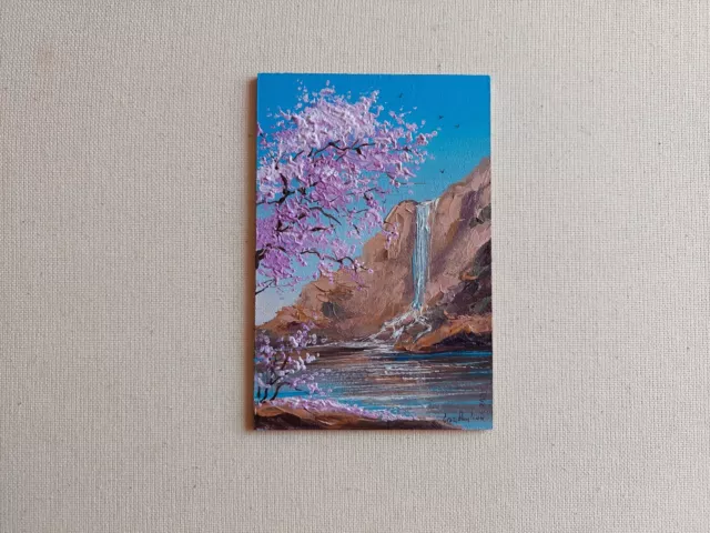 Impasto pink cherry tree branches art. Blossom Sakura waterfall oil painting