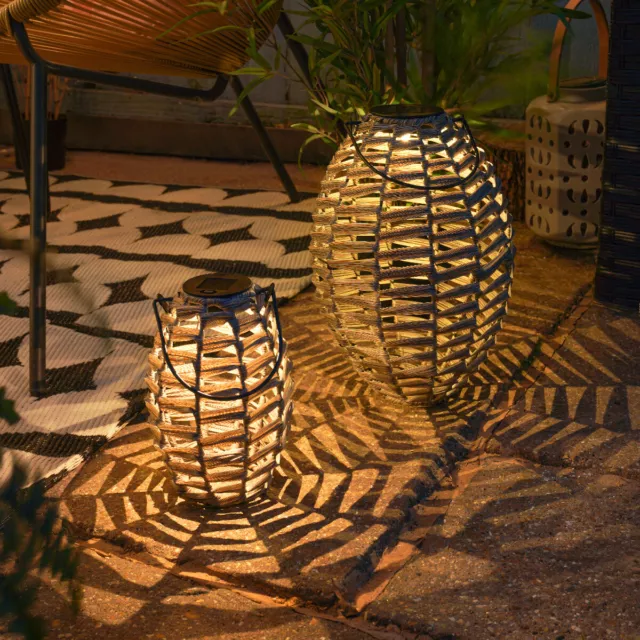 Solaire Rotin LED Lanterne Gris Extérieur Suspendu Gratuit Debout Jardin Lampe