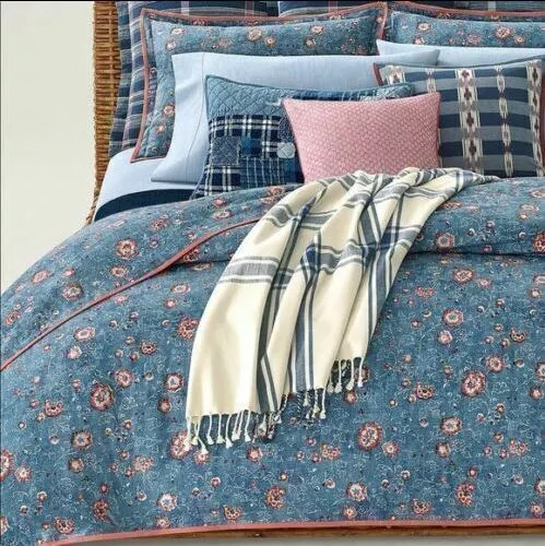 Ralph Lauren Indigo Traveler Blue Coral Floral Cotton FULL QUEEN Duvet Cover