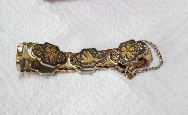 Bracelet Vintage En Or De Tolède Avec Nacres & Chaînette De Sécurité – Occasion Bon état
