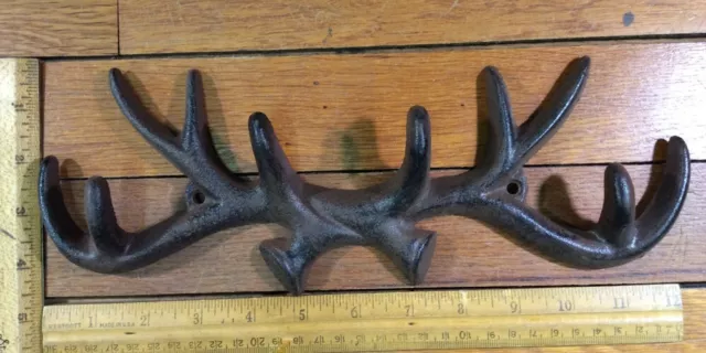 DEER ANTLER Rack COAT Hat Wall HOOKS 12x4-1/4 cast iron Antique Vintage style