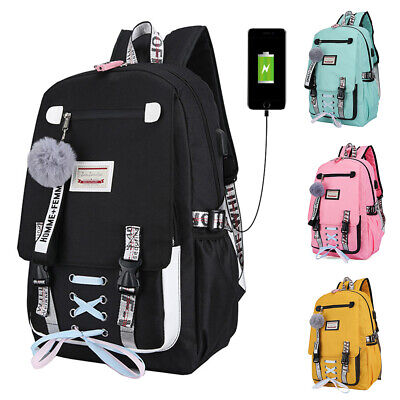 Women Girls USB Port Backpack Laptop Travel Shoulder School Book Bag Rucksack