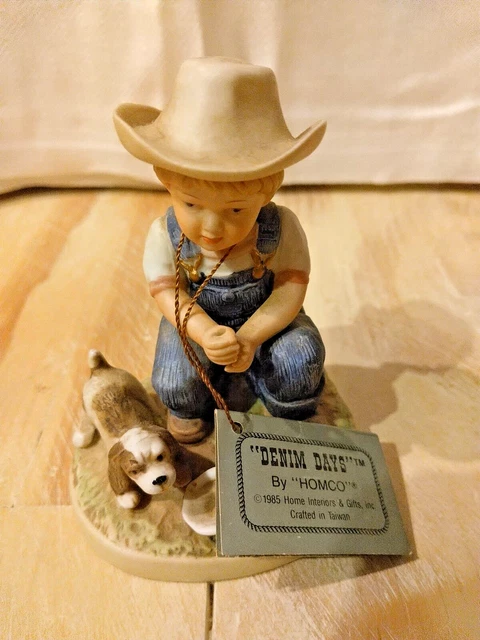 Vintage Denim Days By Homco 1985 Porcelain Figurine  4" Farm Boy With Dog