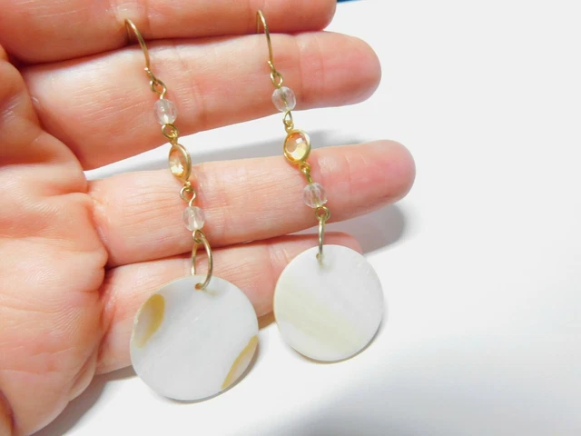 Golden Topaz Bezel Set Clear Crystal Shell Disc Dangle Pierced Earrings Vintage