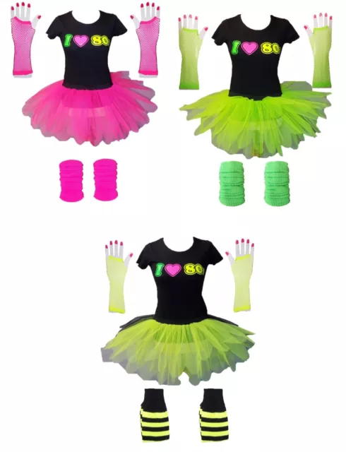 LADIES TUTU T-SHIRT GLOVES LEG WARMER 80s FANCY DRESS SET COSTUME NEON FESTIVAL