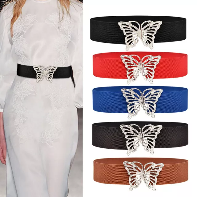 Women's Butterfly Metal Buckles Wide Stretch Elastic Waist Belt Dress Waistband
