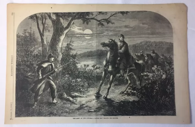 1862 magazine engraving~11x16~LITTLE MAC GENERAL McCLELLAN MAKING HIS ROUNDS
