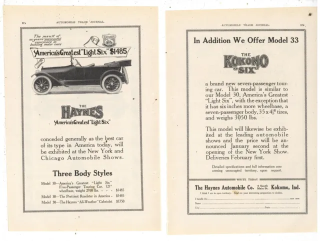 1915 Haynes Automobile Co. 2 Separate Pg. Ad: Model 30 Light Six Car - Kokomo IN
