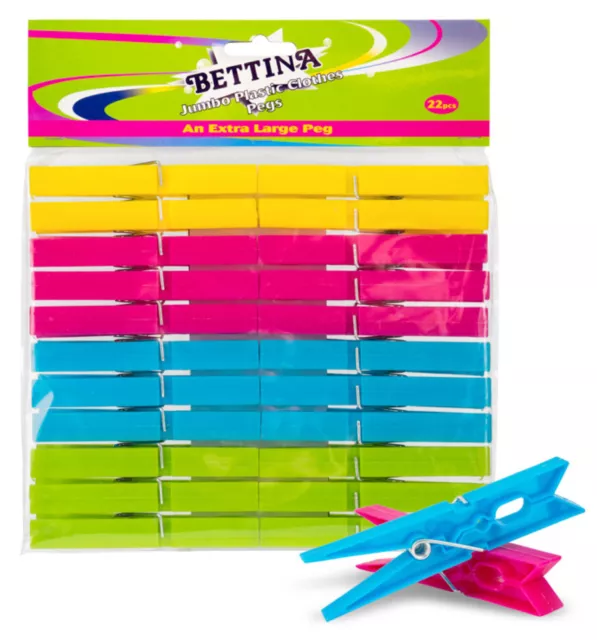 Pack Of 22 Jumbo Plastic Bettina Pegs - Clothes/Laundry Washing Line Pegs