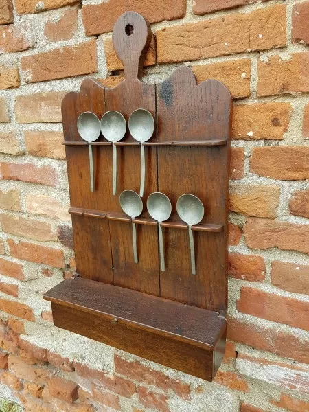 Late 18th Century English Antique Oak Spoon Rack + 6 x 17thC Pewter Spoons 3