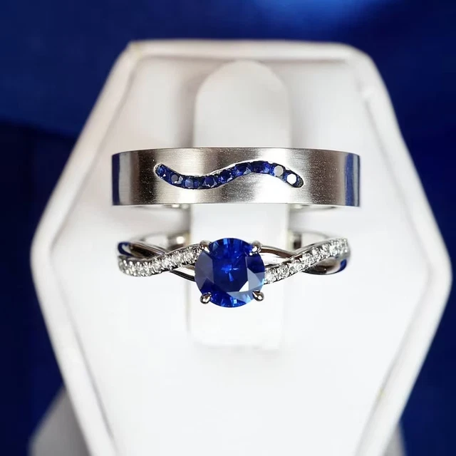 Saphir et Diamant 18K Blanc Sur Fiançailles Couple de Mariage Bague His & Hers