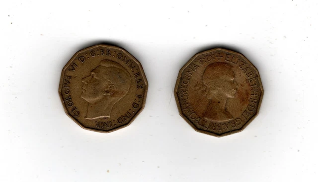 1942 and 1953 GREAT BRITAIN Three Pence Coin Lot - 2 Coins, circulated