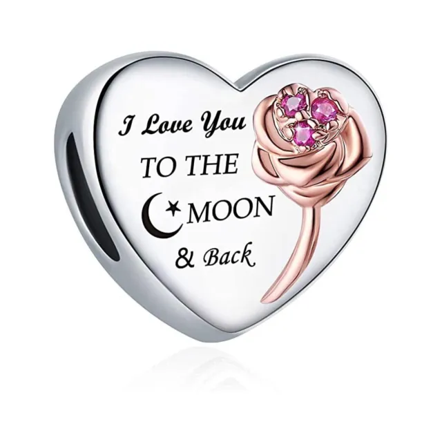 S925 Sterling Silver I Love You to The Moon and Back Heart Charm For Bracelets