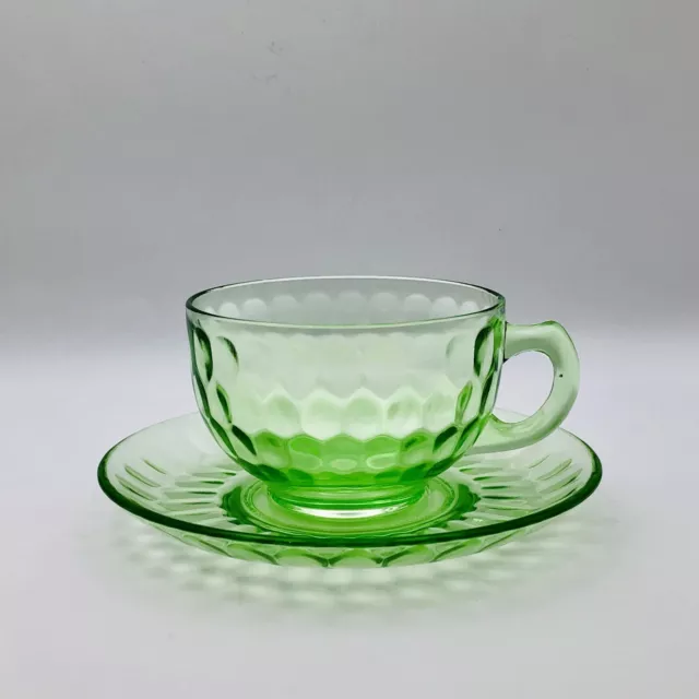 Vintage Green Federal Vaseline Depression Glass Thumbprint Cup & Saucer Set
