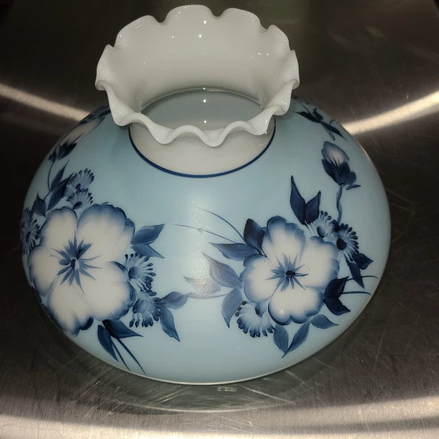 VERY RARE GWTW antique Blue Floral Hurricane Oil / Electric Glass Lamp  Shade