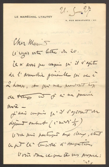 1928 Lettre Autographe Signée Épouse Du Maréchal Lyautey - Document Historique Manuscrit