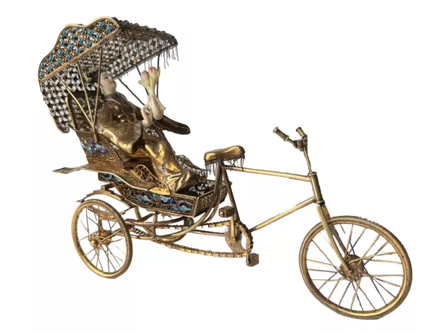 Scale Model of Chinese Rickshaw in Solid Silver with Carved Stones.