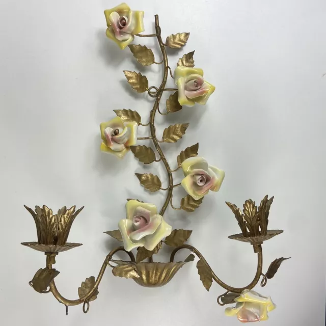 Vtg Tole Wall Sconce Double Candle Holder Porcelain Rose Hollywood Regency Italy