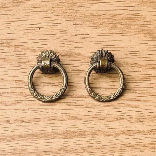 Pair Vintage French Style Floral Solid Brass Drawer Ring Pull Handle K1563