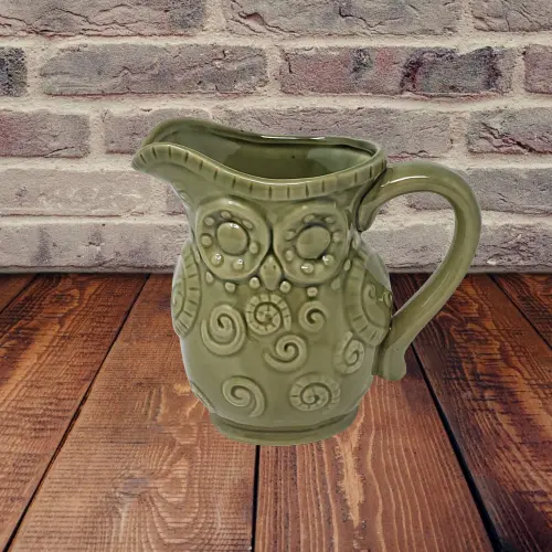 Vintage Olive Green Stoneware Pottery Owl Embossed Water Pitcher 6"